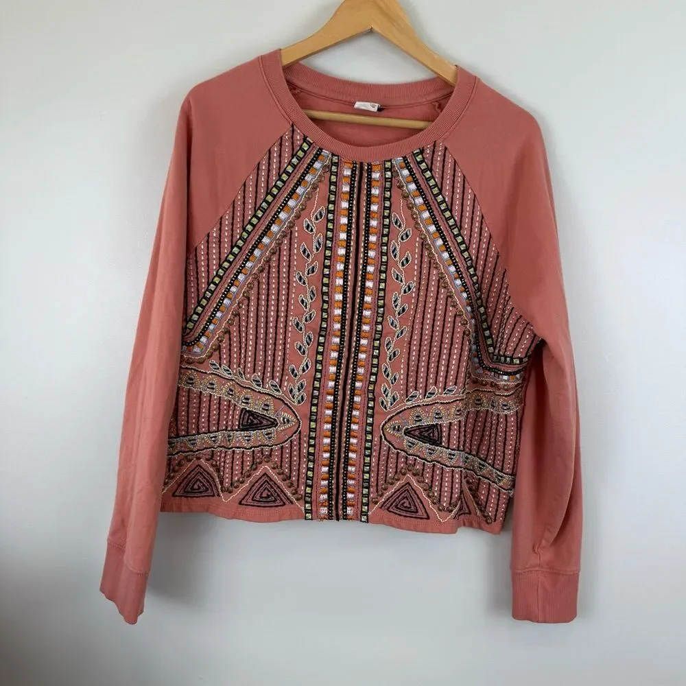 Anthro Akemi + Kin Pink Embroidered Beaded Embellished Pullover Sweatshirt LARGE